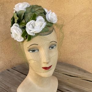 VTG 1960s Floral Hat Rose Bouquet w Veil Pixie Whimsie Style OS